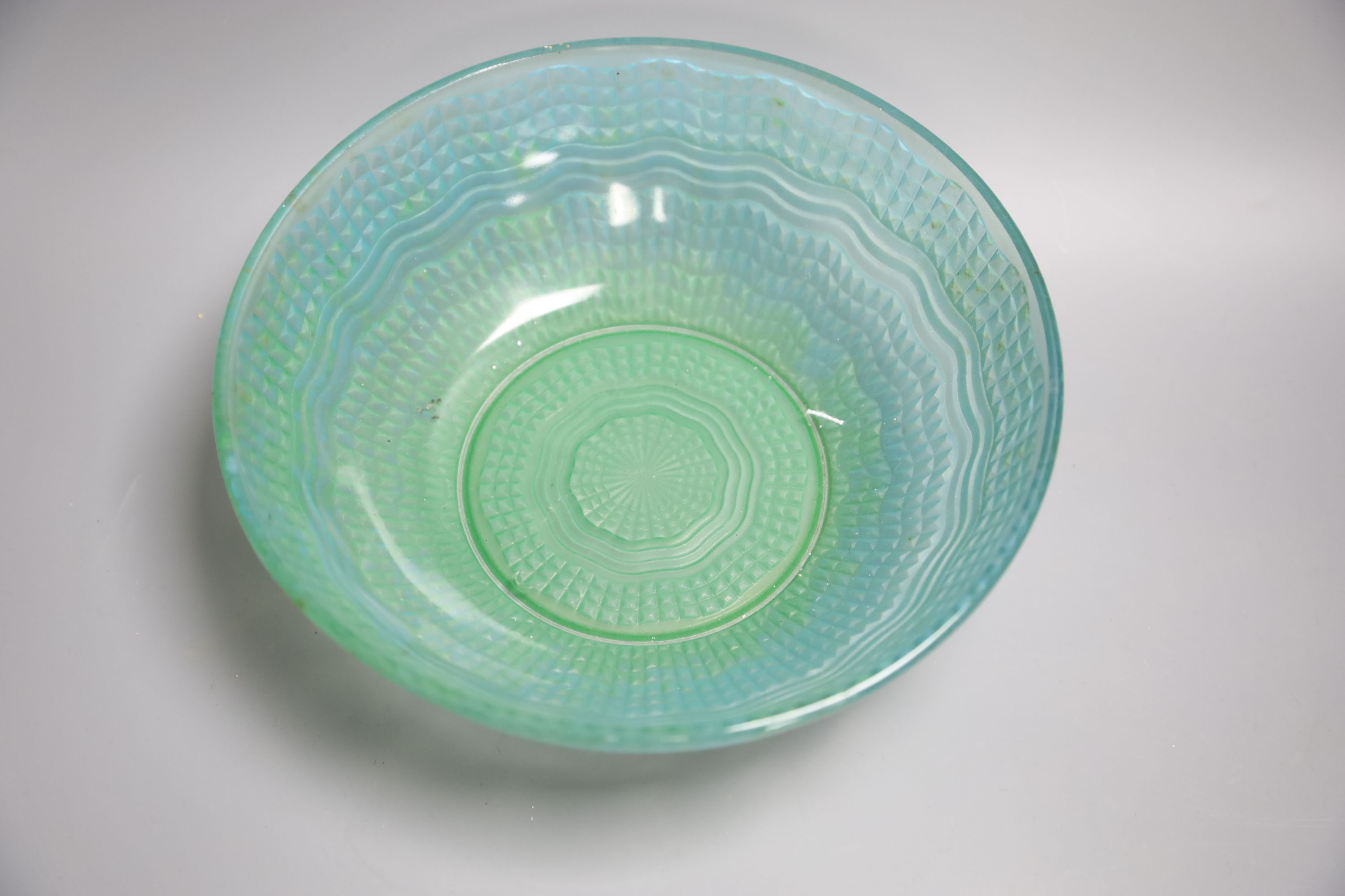 A Lalique post-war fern-rimmed circular bowl with octagonal interior and a green glass fruit bowl Dia 28cm; 24cm